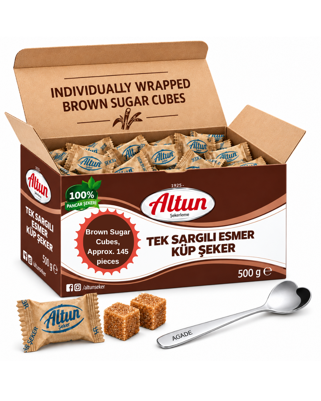 Altun Brown Sugar Cubes, Approx. 145 Individually Wrapped Cane Sugar Cubes for Coffee & Tea, Premium Single Serve Sugar Packets, 500g (17.6 oz), Includes Stainless Steel Coffee Spoon