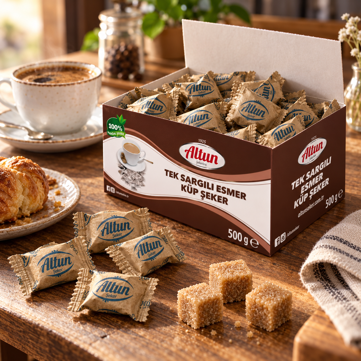 Altun Brown Sugar Cubes, Approx. 145 Individually Wrapped Cane Sugar Cubes for Coffee & Tea, Premium Single Serve Sugar Packets, 500g (17.6 oz), Includes Stainless Steel Coffee Spoon - Image 6